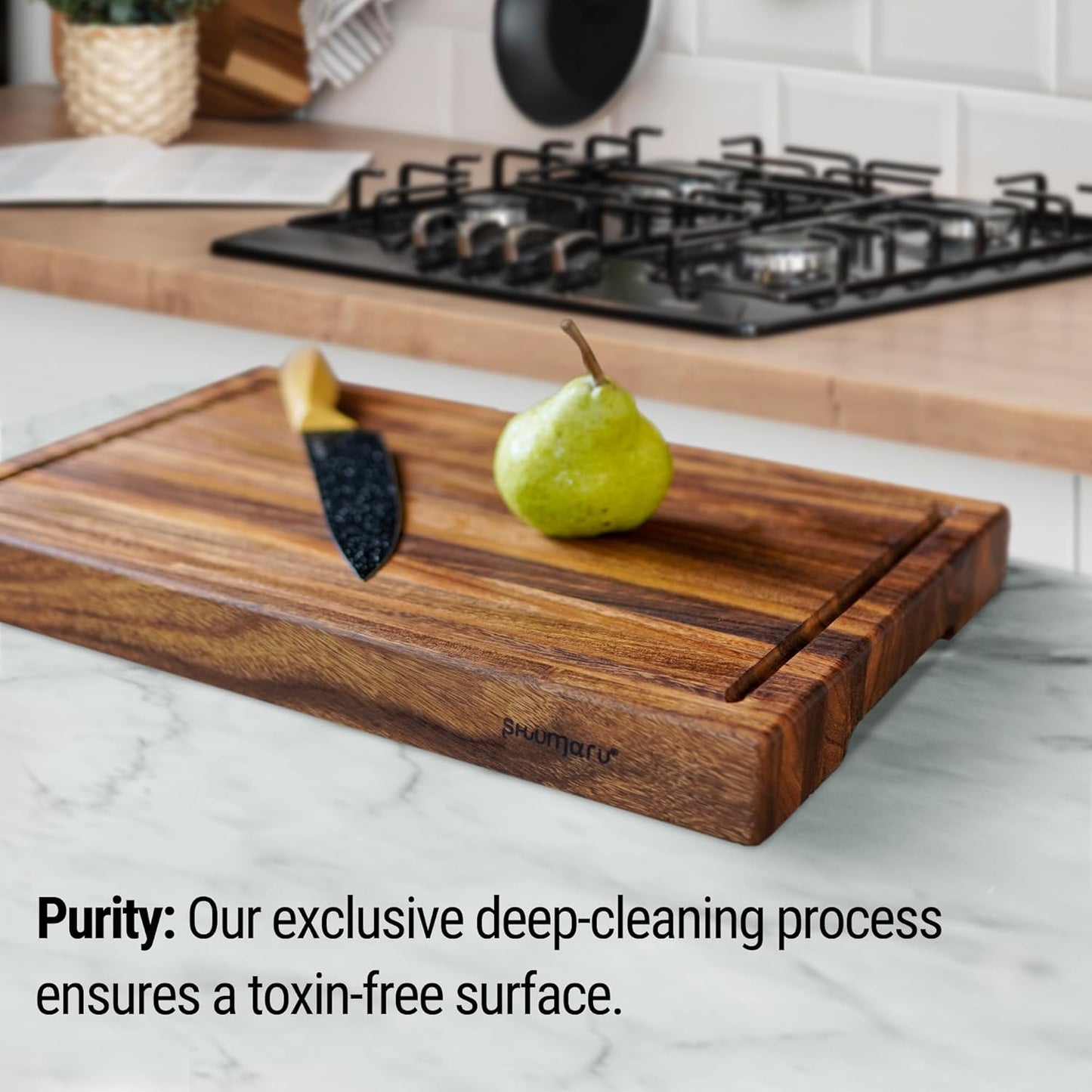 Butcher Block Cutting Board – [18.8" X 12.3" X 2"], Edge-Grain Tropical Walnut Kitchen Chopping Block with Non-Slip Feet, Built-In Handles & Juice Groove