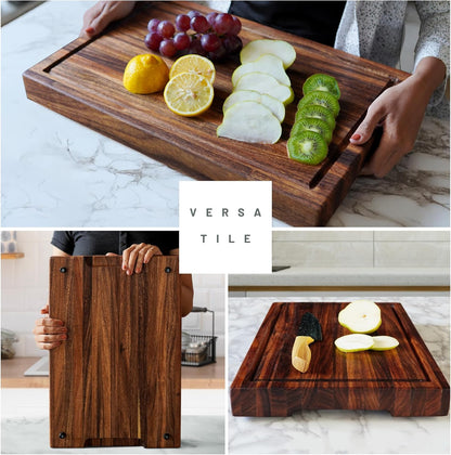 Butcher Block Cutting Board – [18.8" X 12.3" X 2"], Edge-Grain Tropical Walnut Kitchen Chopping Block with Non-Slip Feet, Built-In Handles & Juice Groove