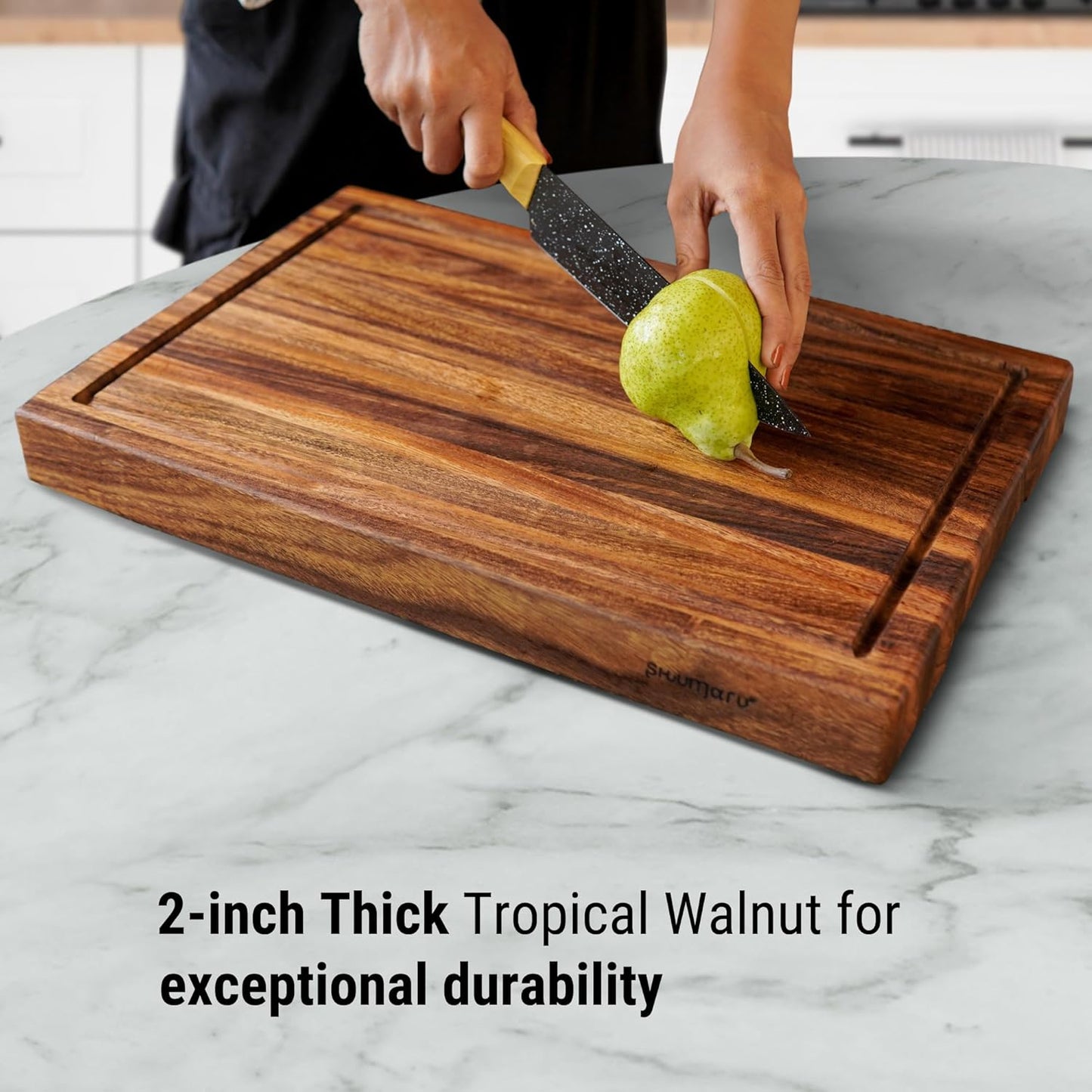 Butcher Block Cutting Board – [18.8" X 12.3" X 2"], Edge-Grain Tropical Walnut Kitchen Chopping Block with Non-Slip Feet, Built-In Handles & Juice Groove