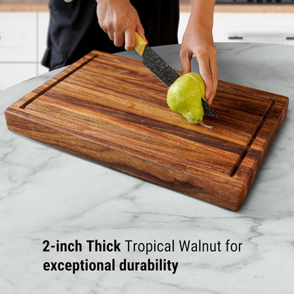 Butcher Block Cutting Board – [18.8" X 12.3" X 2"], Edge-Grain Tropical Walnut Kitchen Chopping Block with Non-Slip Feet, Built-In Handles & Juice Groove