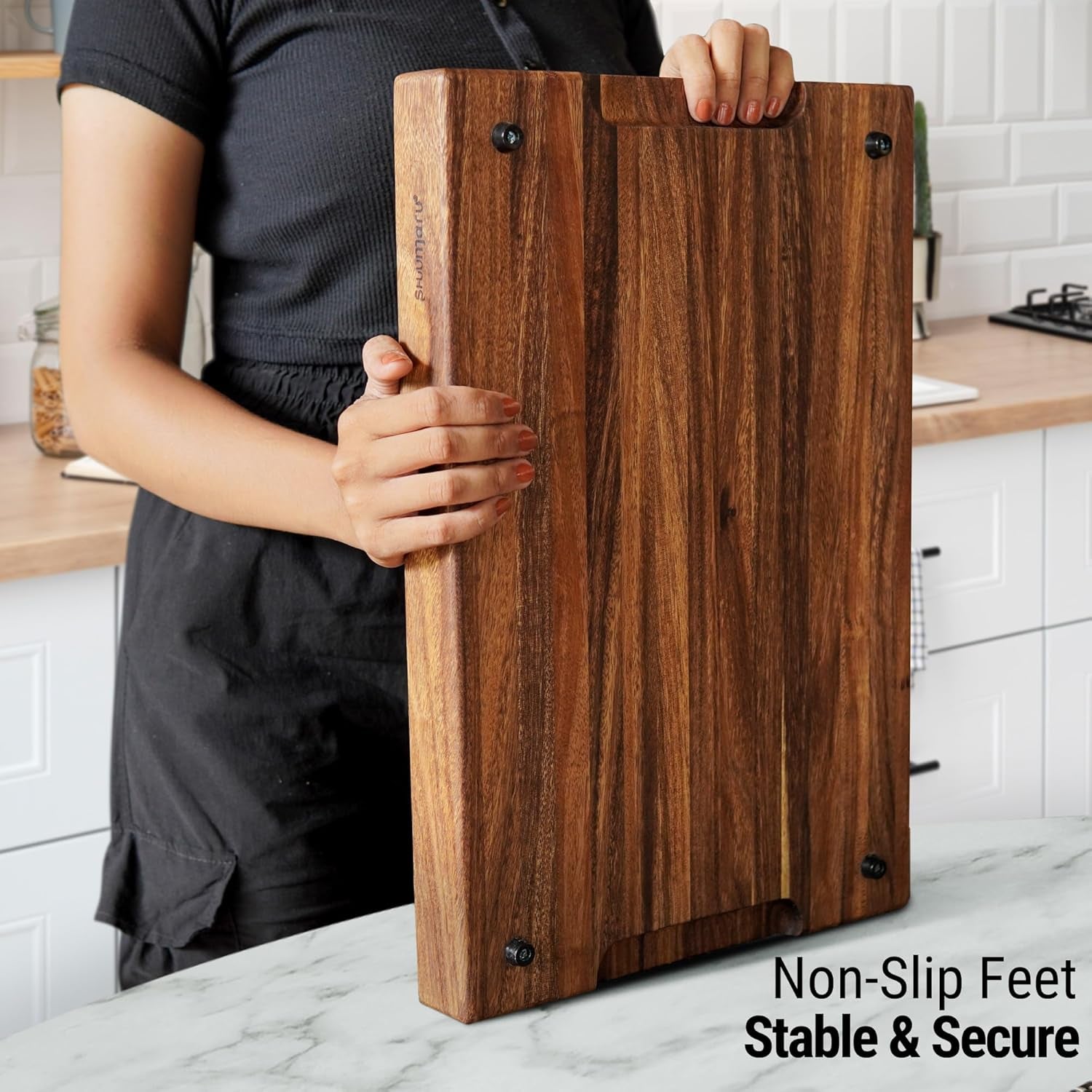 Butcher Block Cutting Board – [18.8" X 12.3" X 2"], Edge-Grain Tropical Walnut Kitchen Chopping Block with Non-Slip Feet, Built-In Handles & Juice Groove