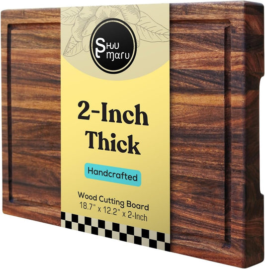 Butcher Block Cutting Board – [18.8" X 12.3" X 2"], Edge-Grain Tropical Walnut Kitchen Chopping Block with Non-Slip Feet, Built-In Handles & Juice Groove